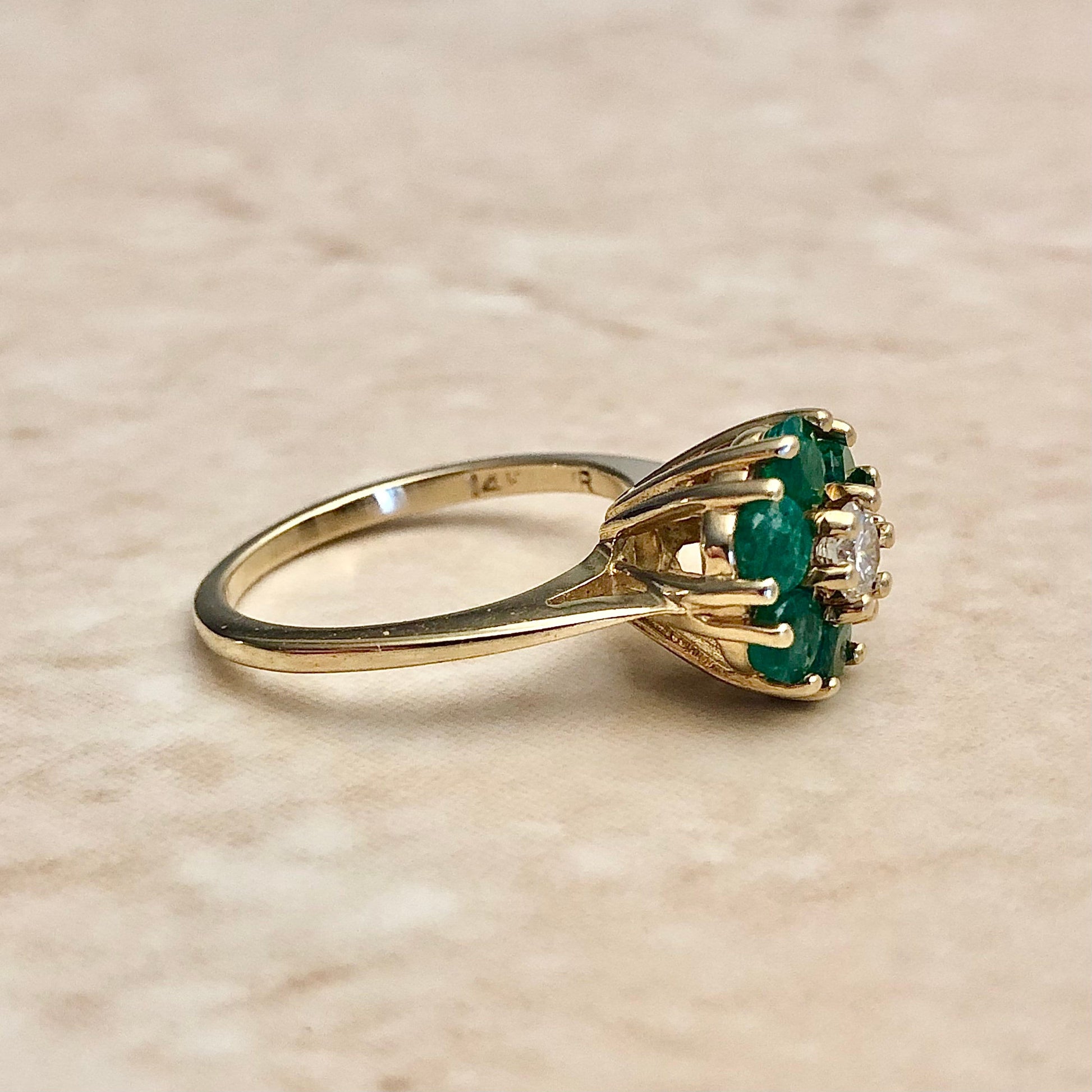 Fine Vintage 14 Karat Yellow Gold Natural Emerald & Diamond Halo Ring - WeilJewelry