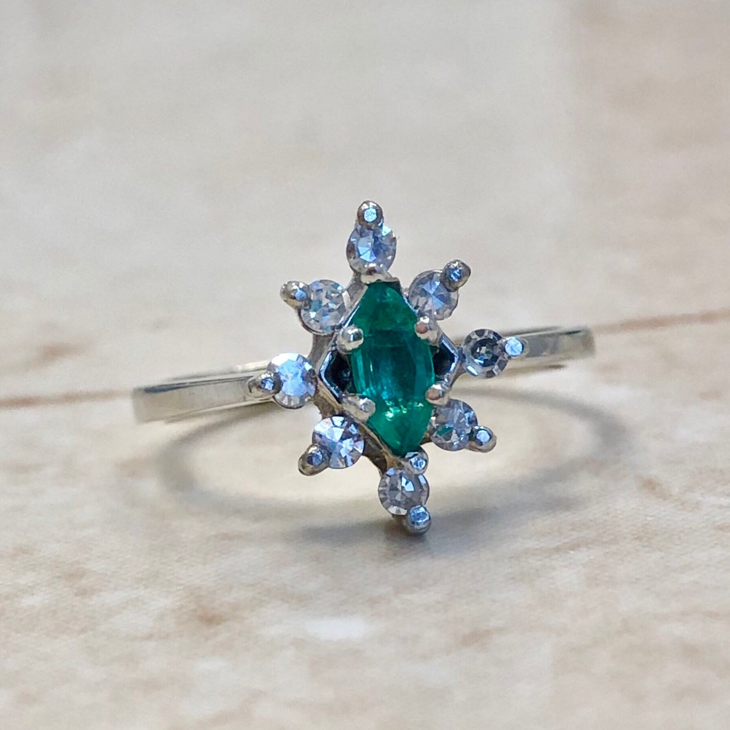 Vintage 14 Karat White Gold Natural Emerald & Diamond Halo Ring - Cocktail Ring - Genuine Gemstone - Birthday Gift
