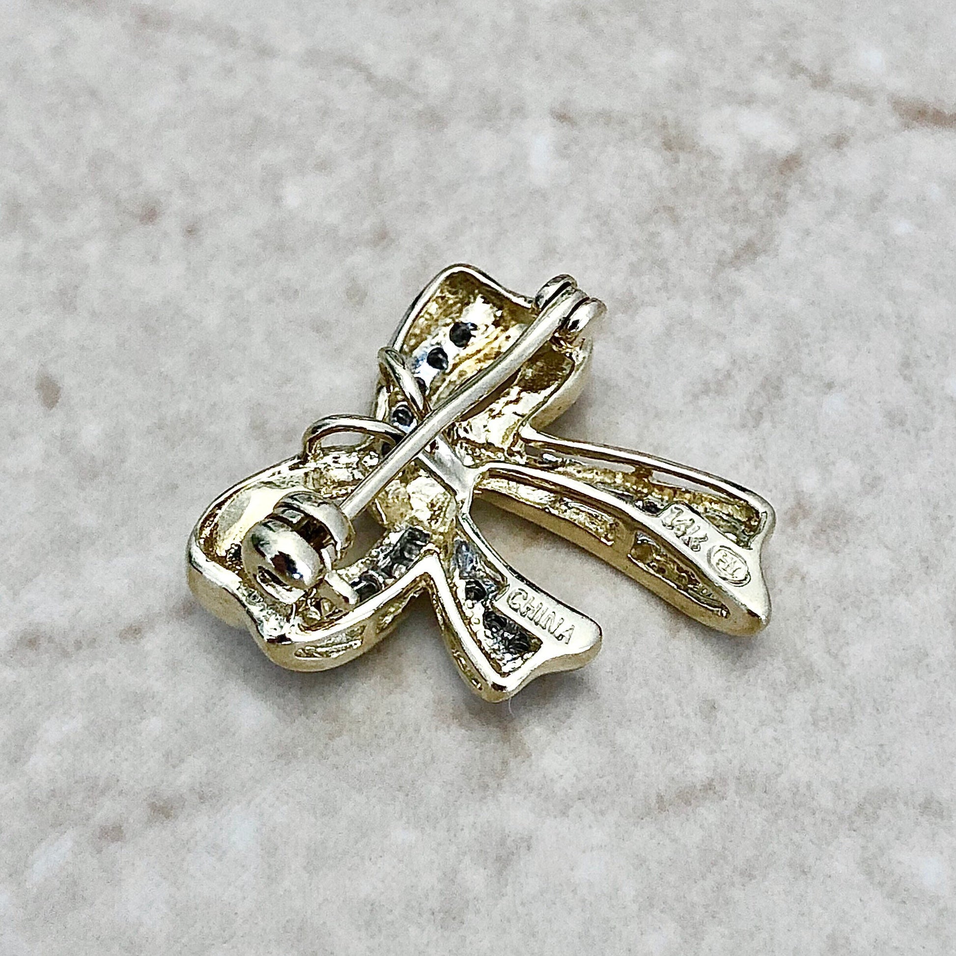 ON HOLD - Vintage 14 Karat Yellow Gold Diamond Bow Pendant/Brooch - Diamond Necklace - Diamond Brooch
