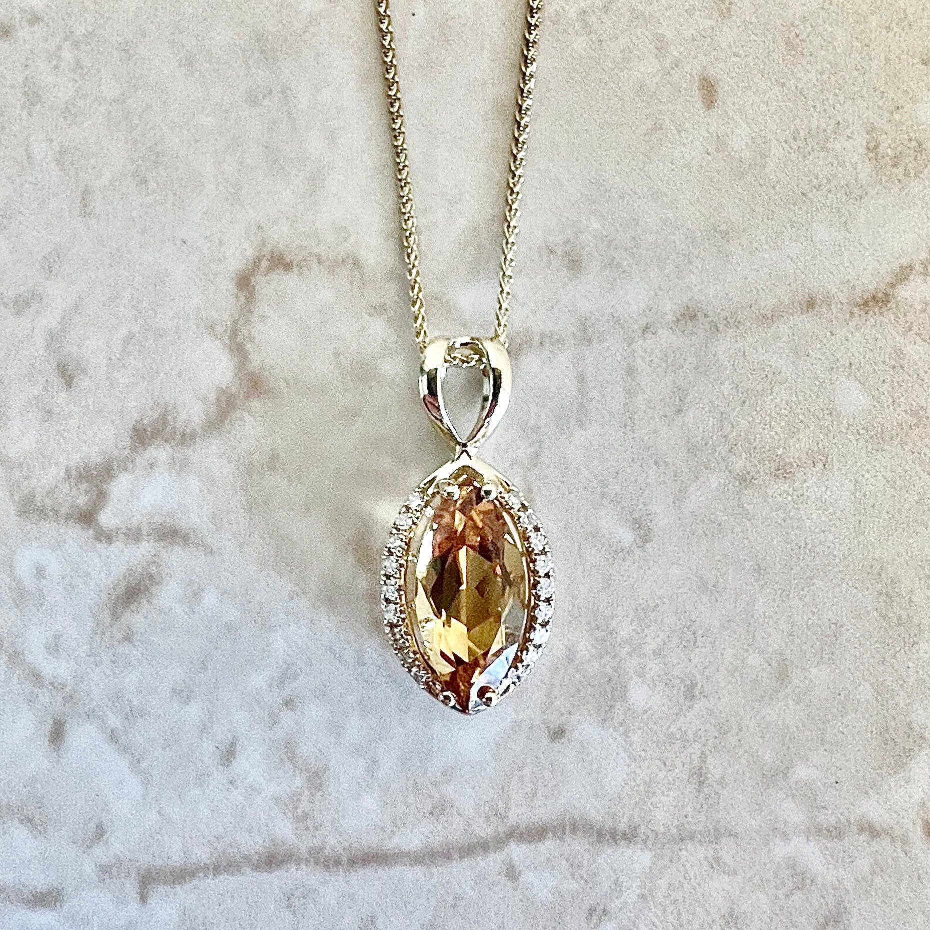 14 Karat Yellow Gold Marquise Citrine & Diamond Halo Pendant Necklace - WeilJewelry