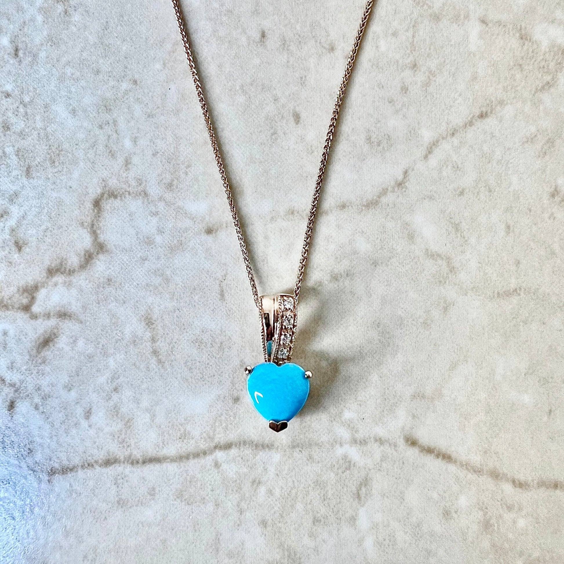 14K Turquoise And Diamond Heart Cocktail Ring & Pendant Necklace Set - Rose Gold Turquoise Set - Jewelry Set - Valentine’s Day Gifts For Her