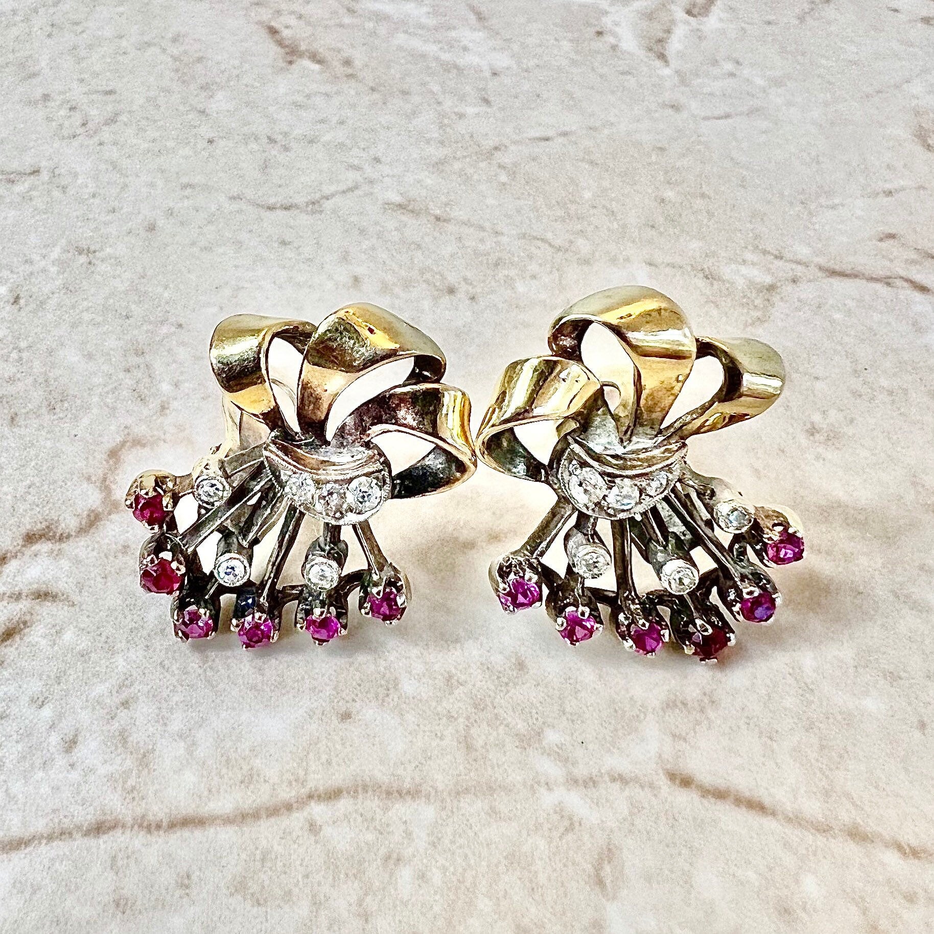 Vintage Retro 14K Diamond & Synthetic Ruby Clip On Earrings - Two Tone Gold Ruby Earrings - Retro Earrings - July Birthstone - Gifts For Her