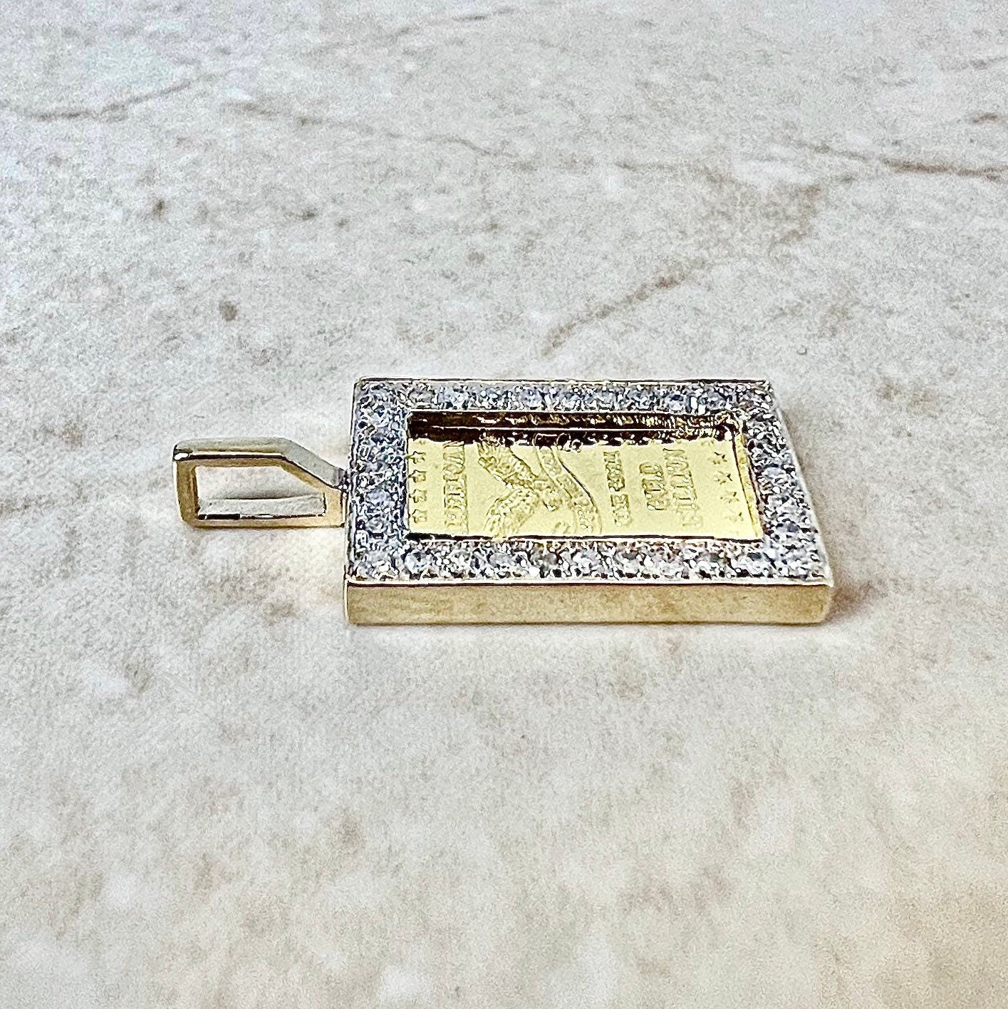 14K Solid Gold 1g Pure Gold Bar & Diamond Pendant Necklace - Two Tone Gold Bullion Pendant - Pure Gold Pendant - Best Gift For Her
