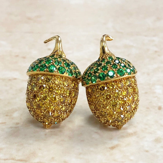 Very Fine 18K Acorn Yellow Diamond & Tsavorite Garnet Earrings By Carvin French - 18K Yellow Gold Diamond Earrings - Christmas Earrings