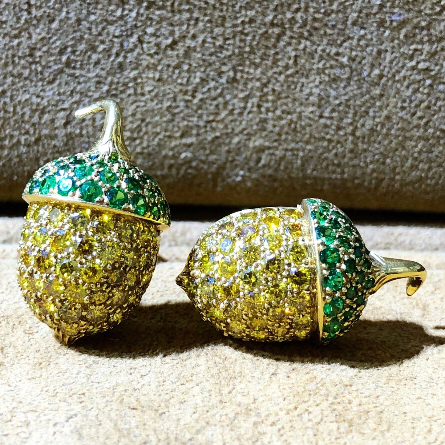 Very Fine 18K Acorn Yellow Diamond & Tsavorite Garnet Earrings By Carvin French - 18K Yellow Gold Diamond Earrings - Christmas Earrings