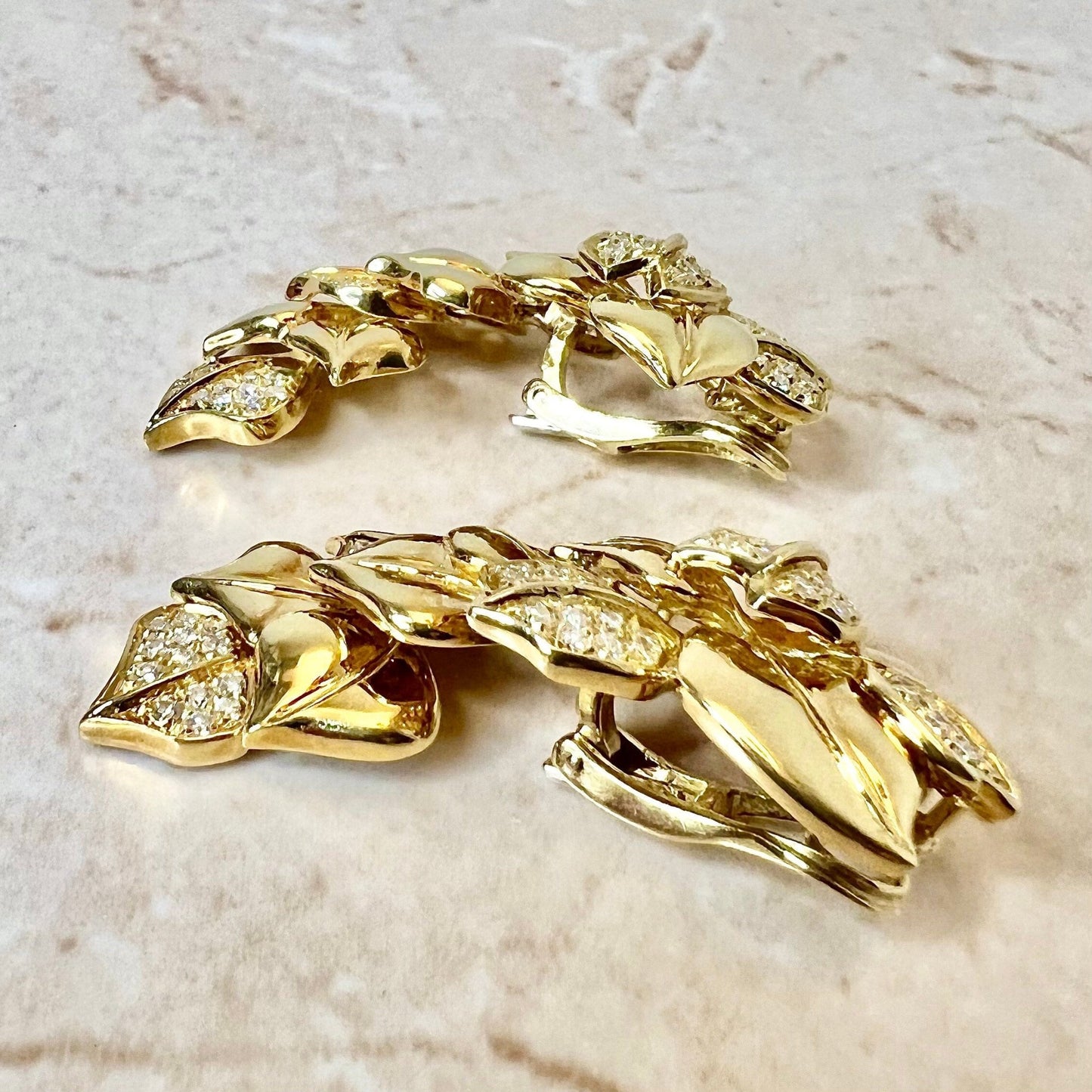 Rare Vintage Handcrafted 18K Diamond Leaf Drop Earrings - Yellow Gold Earrings - Diamond Earrings - Dangling Earrings - Best Gifts For Her