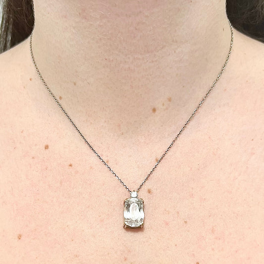 Large 14 Karat White Gold Very Light Pink Elongated Oval Kunzite Spodumene & Diamond Pendant - WeilJewelry