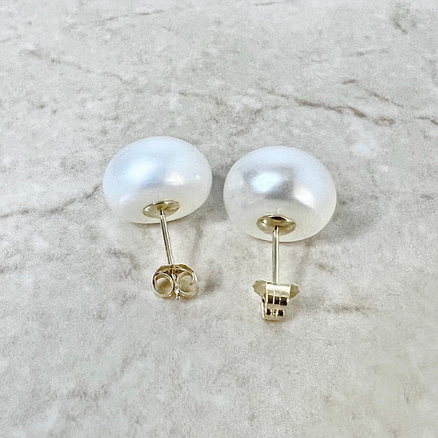 Large 14K 12 mm White Pearl Stud Earrings - Yellow Gold - Genuine Freshwater Button Pearls - June Birthstone - Best Birthday Gift For Her