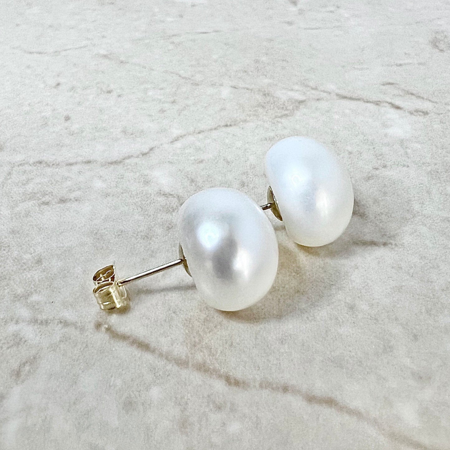 Large 14K 12 mm White Pearl Stud Earrings - Yellow Gold - Genuine Freshwater Button Pearls - June Birthstone - Best Birthday Gift For Her