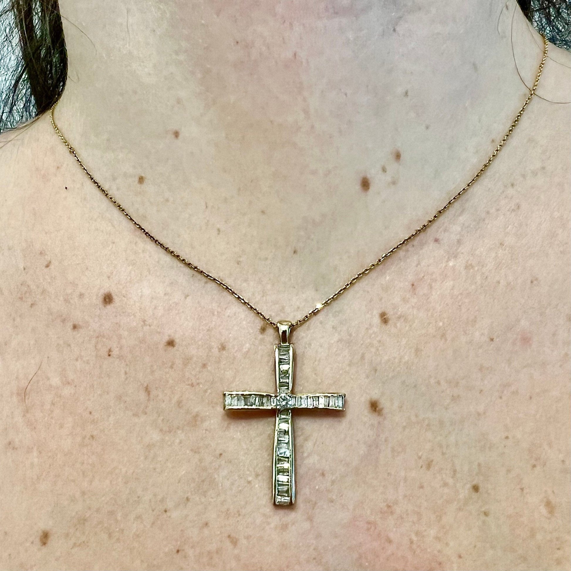 Large Vintage 10 Karat Yellow Gold Carat Diamond Cross Pendant