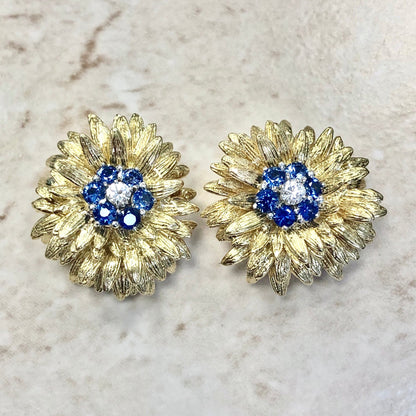 Magnificent Vintage Handcrafted 18 Karat Yellow Gold Sapphire & Diamond Flower Earrings