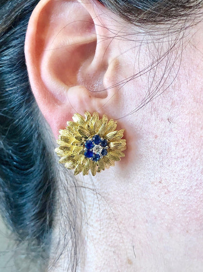 Magnificent Vintage Handcrafted 18 Karat Yellow Gold Sapphire & Diamond Flower Earrings - WeilJewelry