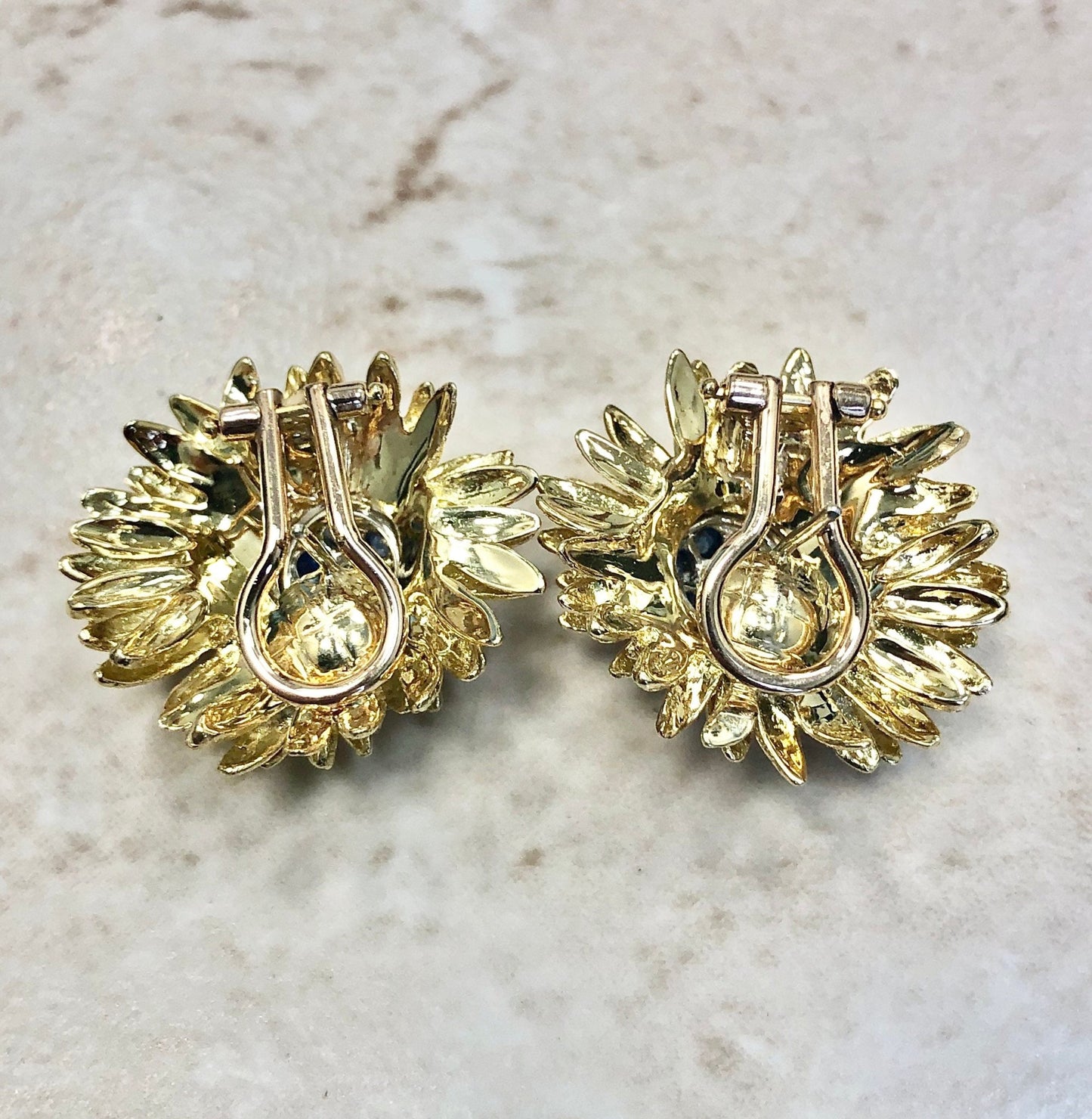 Magnificent Vintage Handcrafted 18 Karat Yellow Gold Sapphire & Diamond Flower Earrings - WeilJewelry