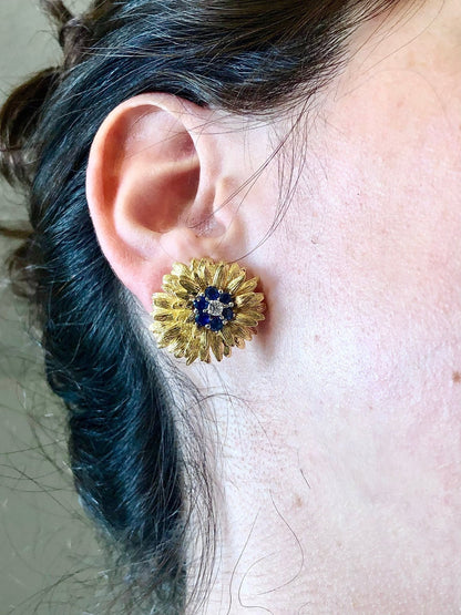 Magnificent Vintage Handcrafted 18 Karat Yellow Gold Sapphire & Diamond Flower Earrings - WeilJewelry