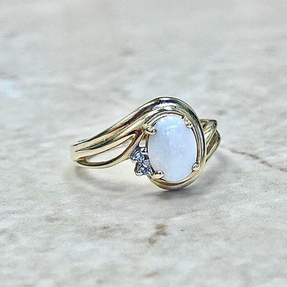 Natural Opal And Diamond Ring - 14 Karat Yellow Gold - October Birthstone - Birthday Gift - Best Gifts For Her - Size 6.75 US