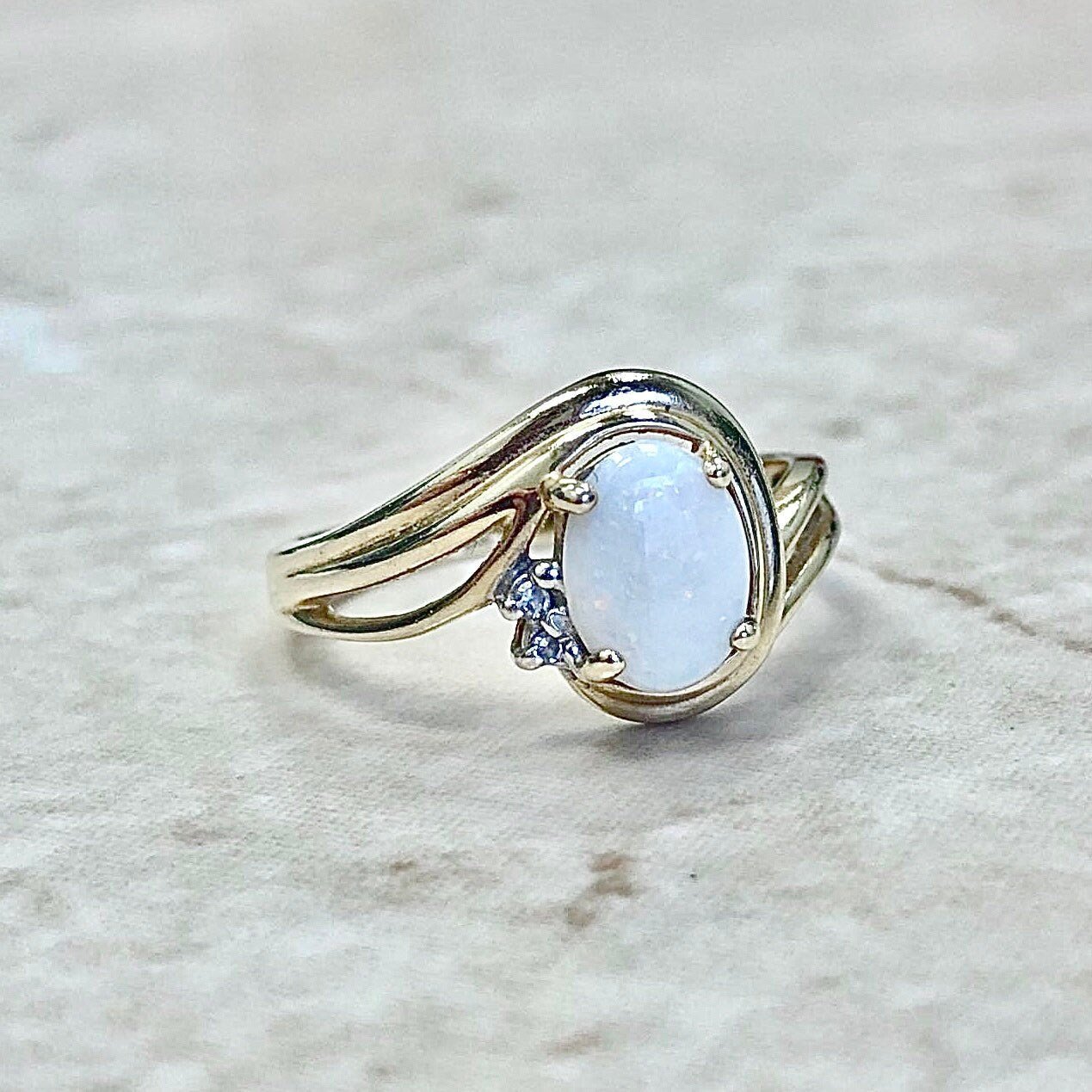 CLEARANCE 40% OFF - Vintage 14 Karat Yellow Gold Natural Opal & Diamond Cocktail Ring - WeilJewelry
