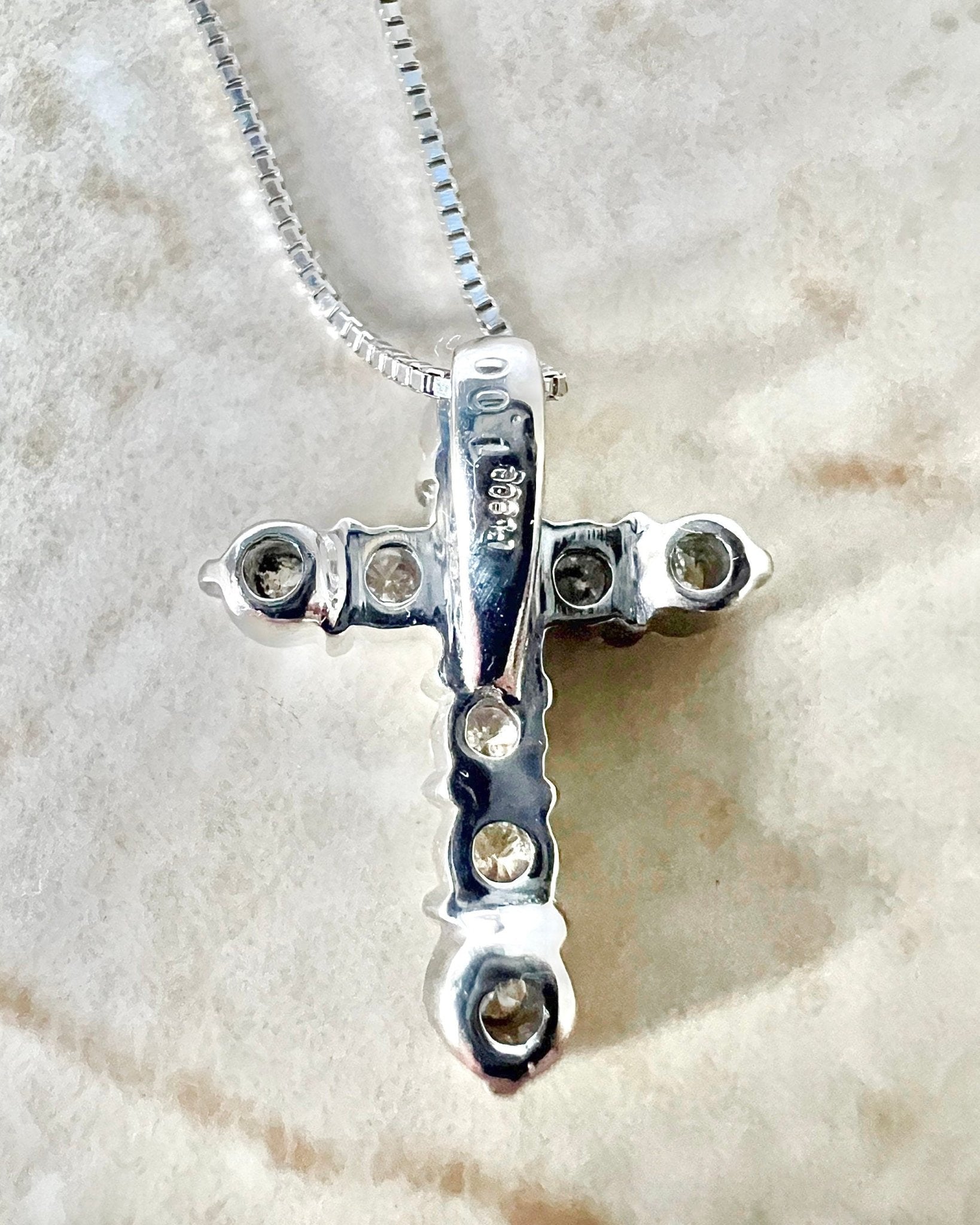 925 Silver Platinum Plated Natural White Zircon Cross Pendant Necklace Size  20