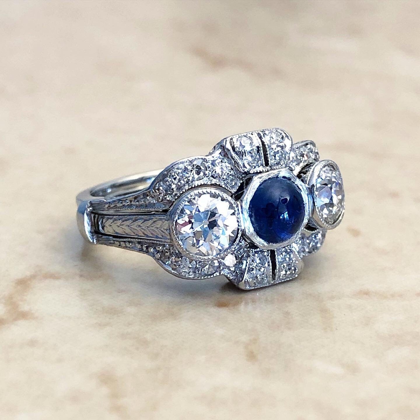 Rare Art Deco Platinum Sapphire & Diamond Ring Set - Antique Vintage Engagement Ring Set - Cocktail Ring - Promise Ring - Birthday Gift