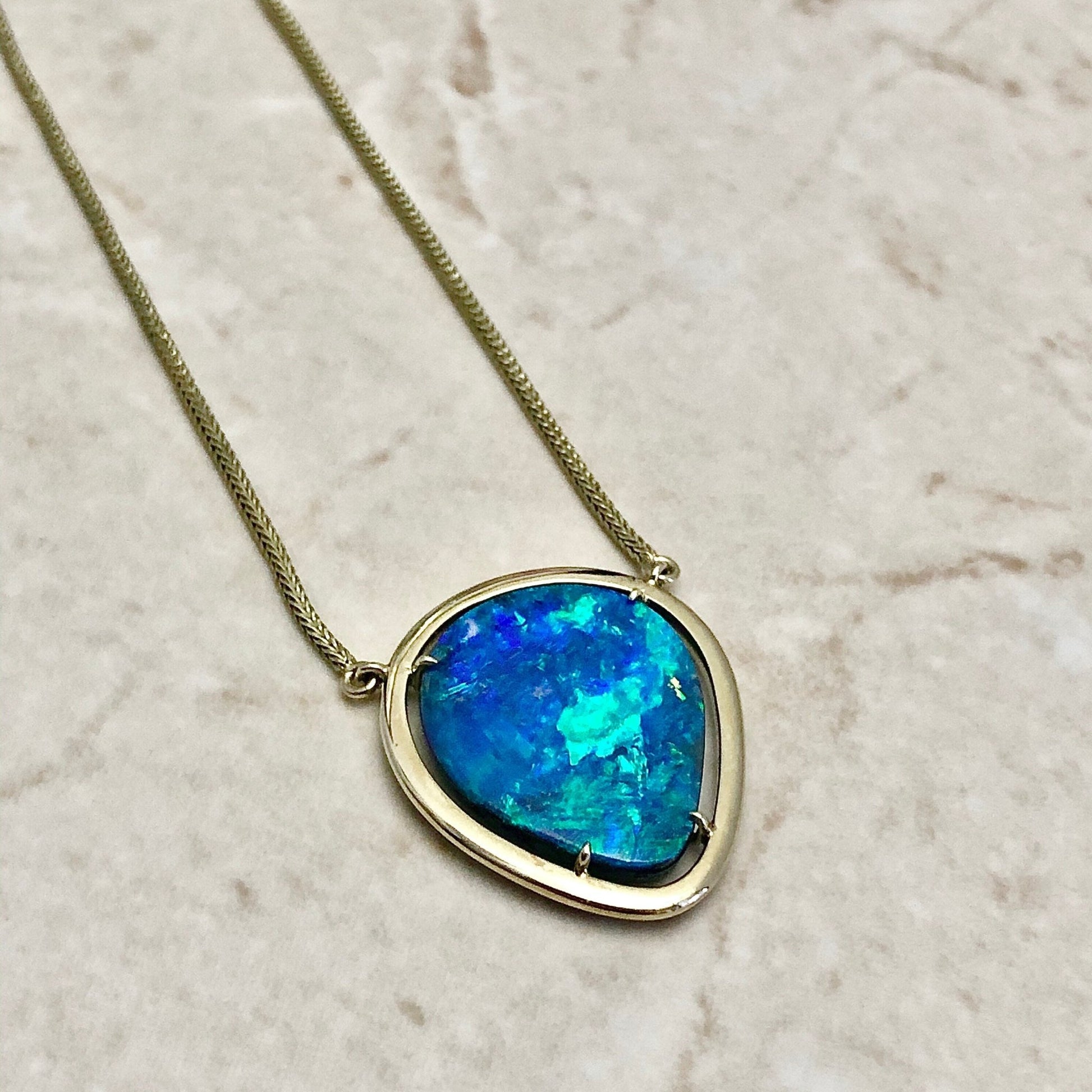 Rare 18K Australian Black Opal Pendant Necklace By Carvin French - Yellow Gold - Black Opal Necklace