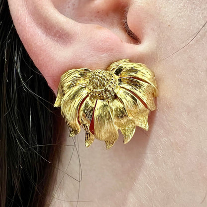 Rare Vintage 18 Karat Yellow Gold Half Sunflower Earrings Signed Asprey