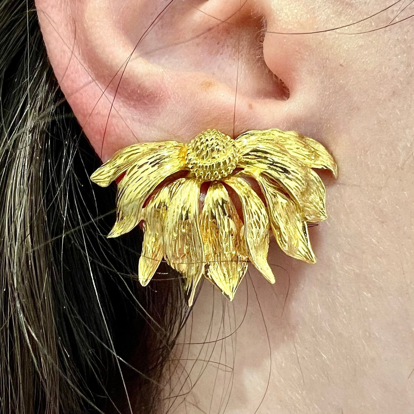 Rare Vintage 18 Karat Yellow Gold Half Sunflower Earrings Signed Asprey - WeilJewelry