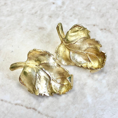 Rare Vintage 18 Karat Yellow Gold Leaf Earrings Signed Asprey