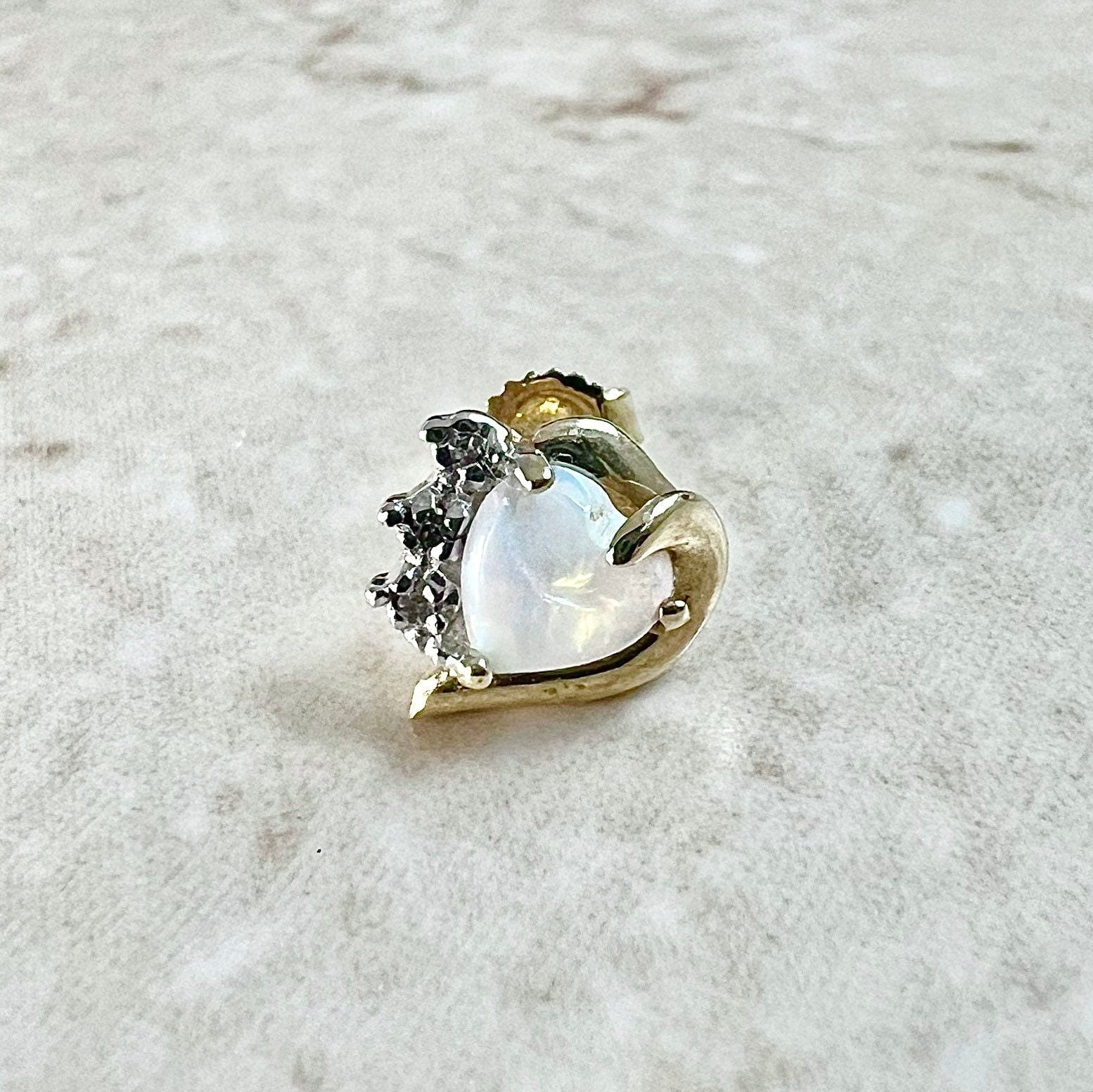 Single 14K Natural Opal Stud Earring - Yellow Gold Opal Stud - Genuine Opal Earrings - Diamond & Opal Heart Earrings - Best Gifts For Her