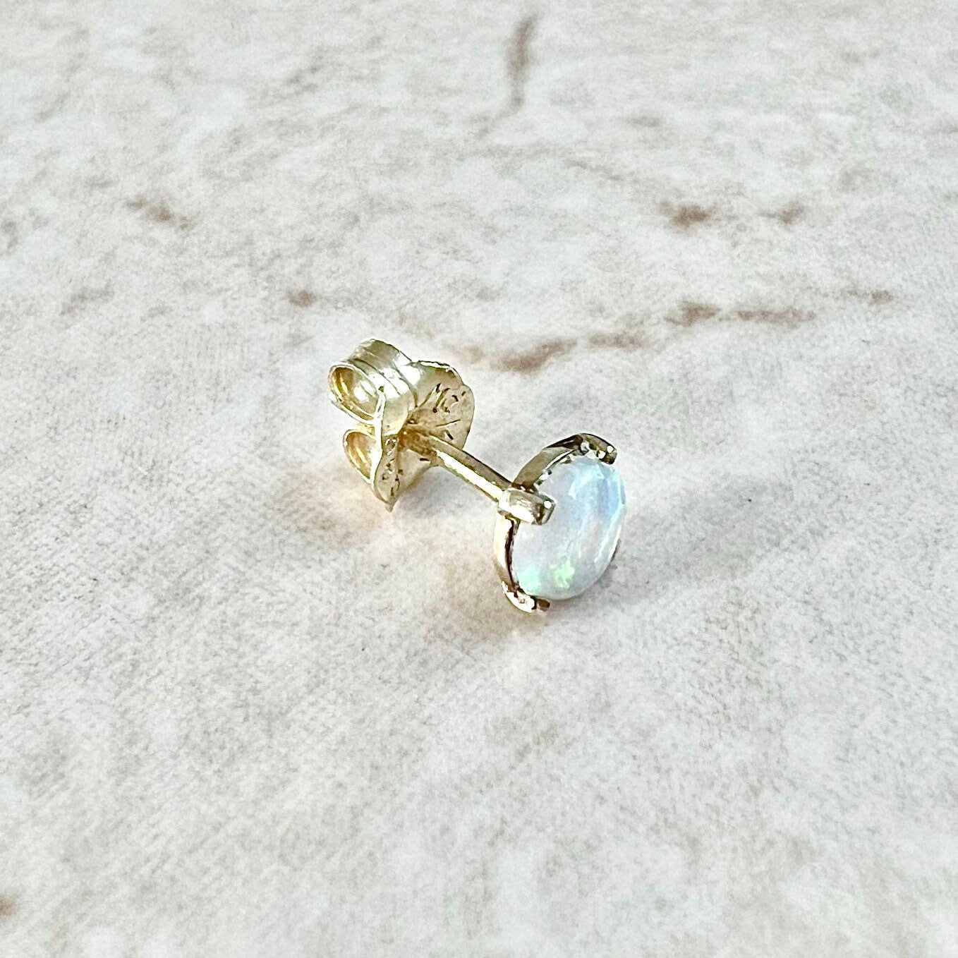 Single 14K Natural Opal Stud Earring - Yellow Gold Opal Stud - Genuine Opal Earrings - October Birthstone Earrings - Best Gifts For Her