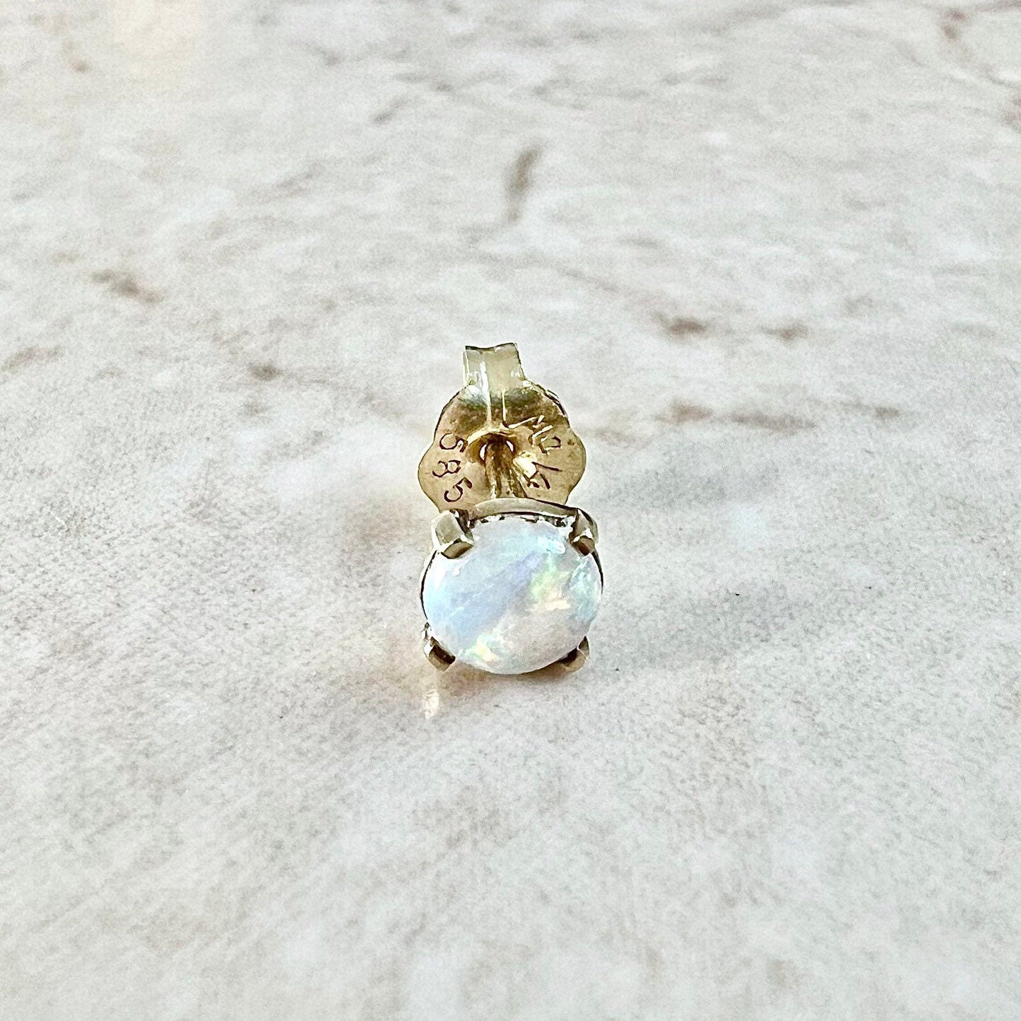 Single 14K Natural Opal Stud Earring - Yellow Gold Opal Stud - Genuine Opal Earrings - October Birthstone Earrings - Best Gifts For Her