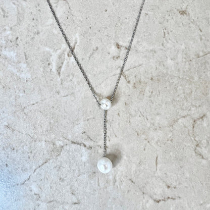 Sterling Silver White Pearl Lariat Necklace - Genuine Pearl Necklace - Pearl Lariat Pendant Necklace - Birthday Gift - June Birthstone
