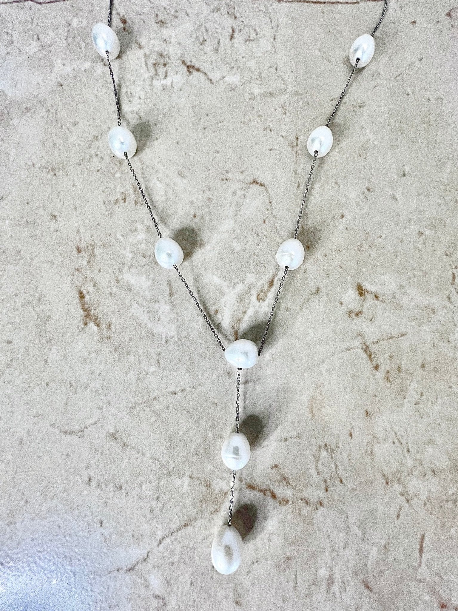 Sterling Silver White Pearl Lariat Necklace - Genuine Pearl Necklace - Freshwater Pearl - Birthday Gift - June Birthstone -Best Gift For Her