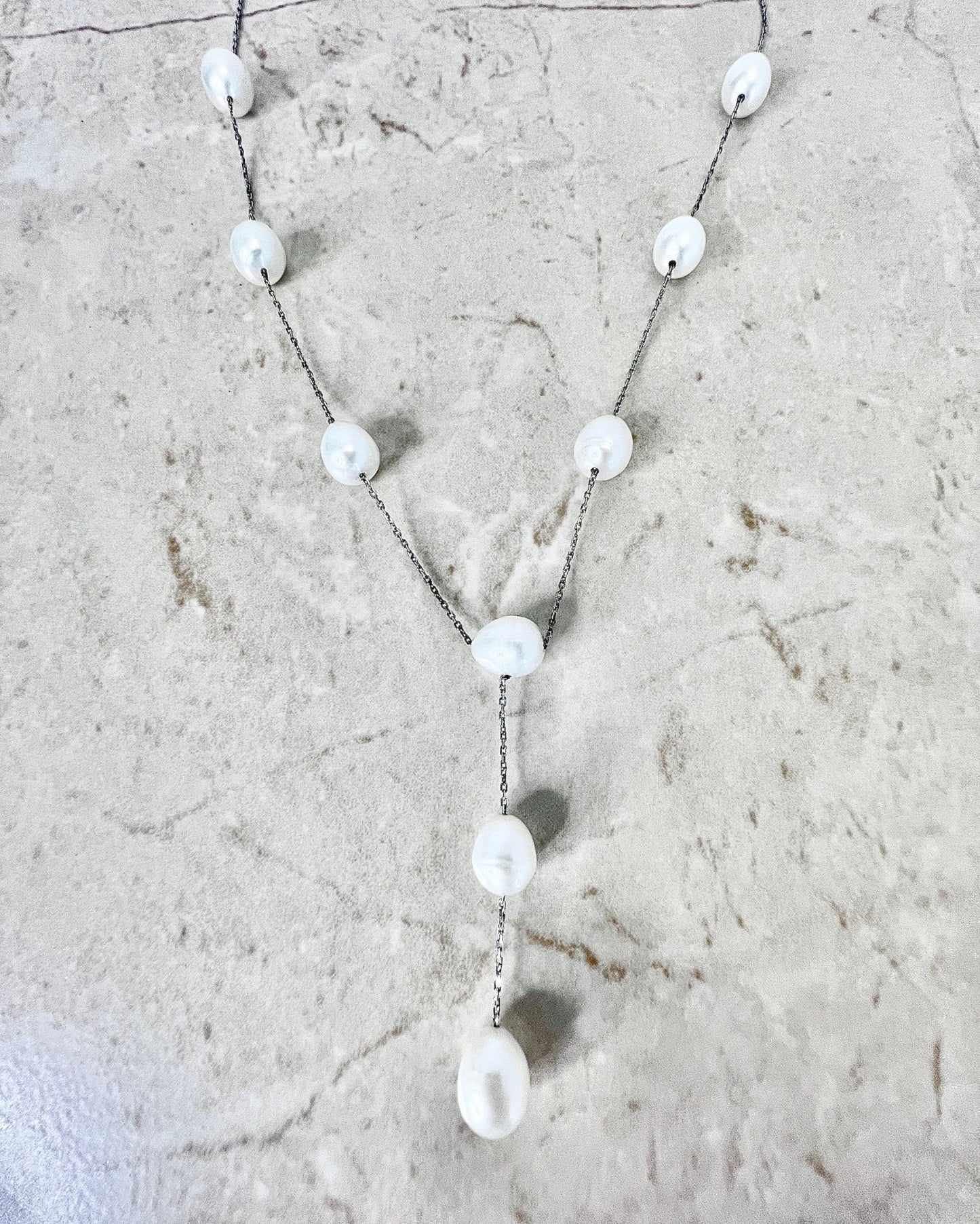 Sterling Silver White Pearl Lariat Necklace - Genuine Pearl Necklace - Freshwater Pearl - Birthday Gift - June Birthstone -Best Gift For Her