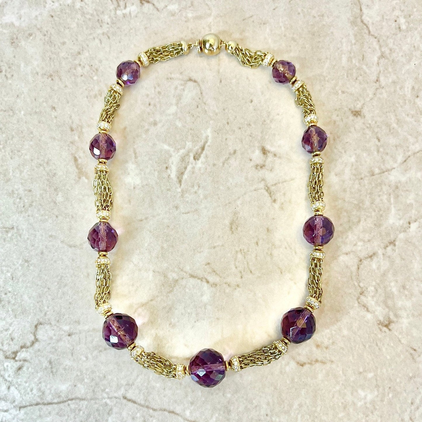 Unique Vintage 1980’s Bvlgari 18 Karat Yellow Gold Amethyst & Diamond Necklace - WeilJewelry