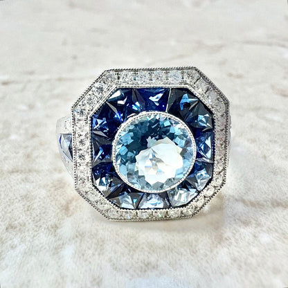 Very Fine Handcrafted Platinum Art Deco Style Aquamarine, Sapphire & Diamond Halo Ring - Engagement Ring - Promise Ring - Cocktail Ring