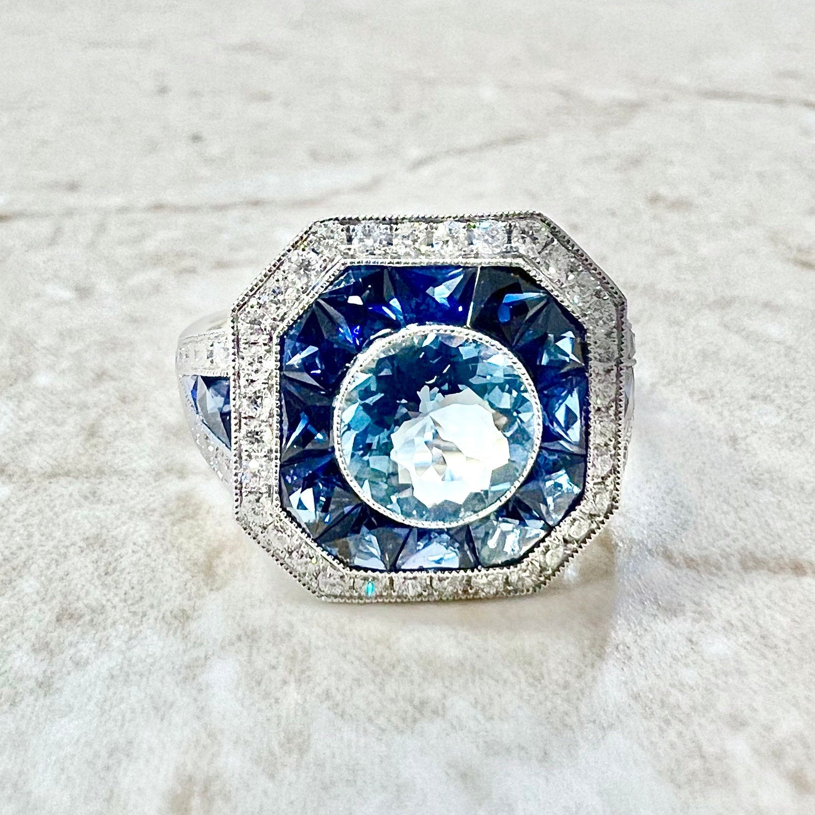 Very Fine Handcrafted Platinum Art Deco Style Aquamarine, Sapphire & Diamond Halo Ring - Engagement Ring - Promise Ring - Cocktail Ring