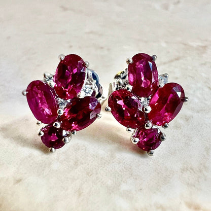 Fine Handcrafted Burmese Ruby Earrings -  White Gold & Platinum Ruby Earrings - Ruby Cluster Earrings - July Birthstone - Best Gifts For Her