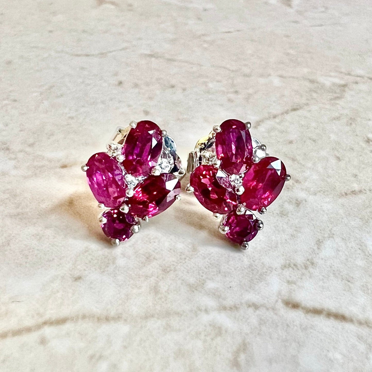 Fine Handcrafted Burmese Ruby Earrings -  White Gold & Platinum Ruby Earrings - Ruby Cluster Earrings - July Birthstone - Best Gifts For Her