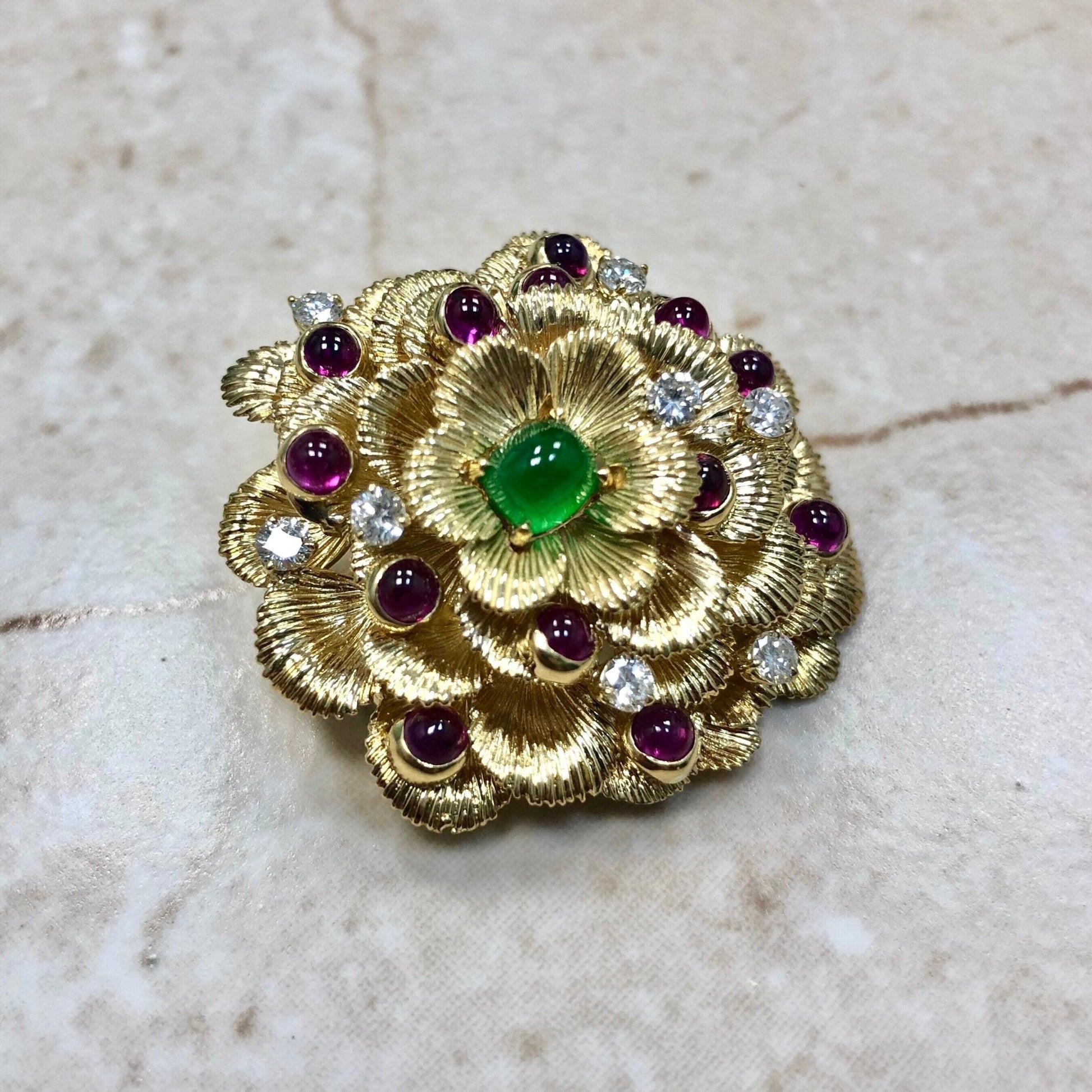 Very Fine Vintage Jadeite, Ruby & Diamond Brooch By Carvin French Jewelers Circa 1960 - 18 Karat Yellow Gold - Birthday Gift