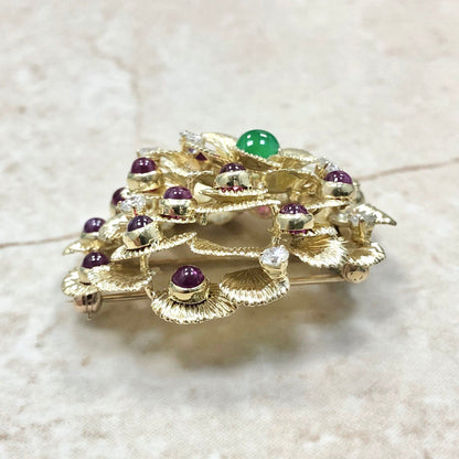 Very Fine Vintage 1960’s Green Jadeite, Ruby & Diamond Brooch By Carvin French Jewelers - WeilJewelry