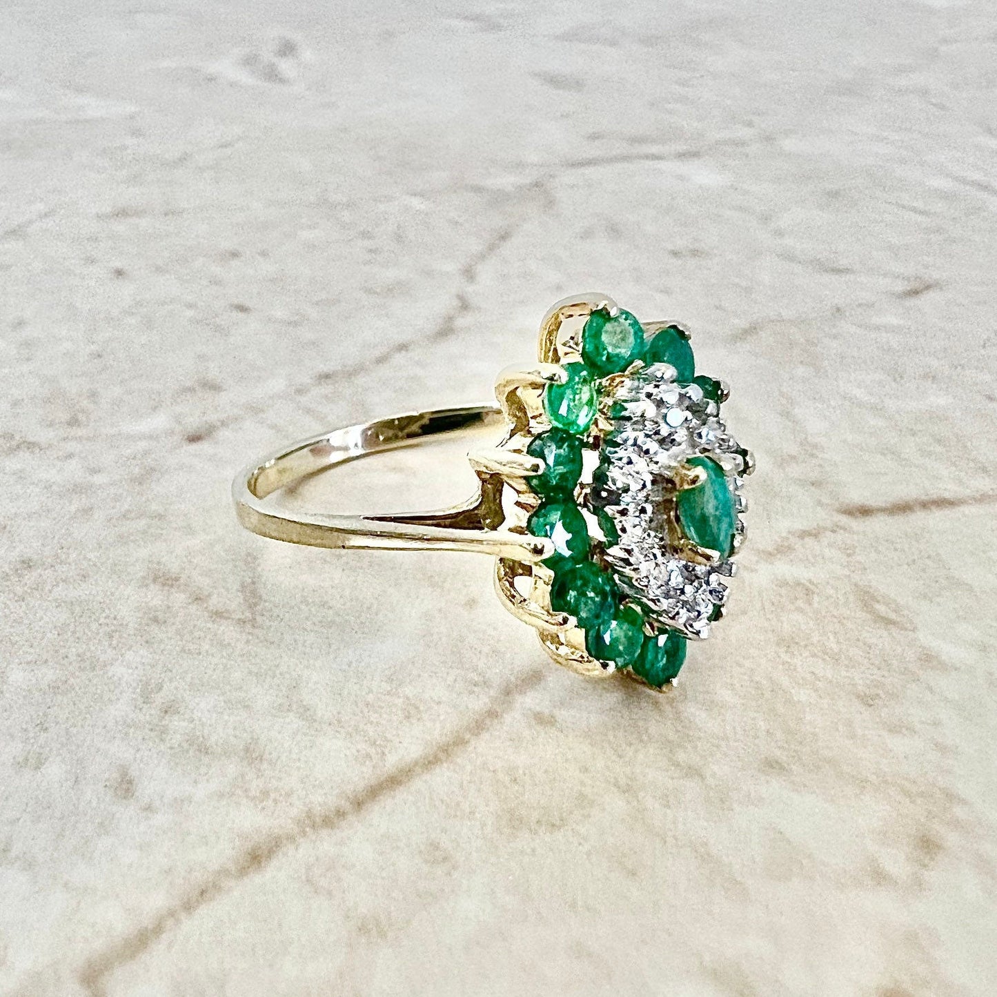 Vintage 10 Karat Gold Natural Emerald & Diamond Halo Ring - WeilJewelry