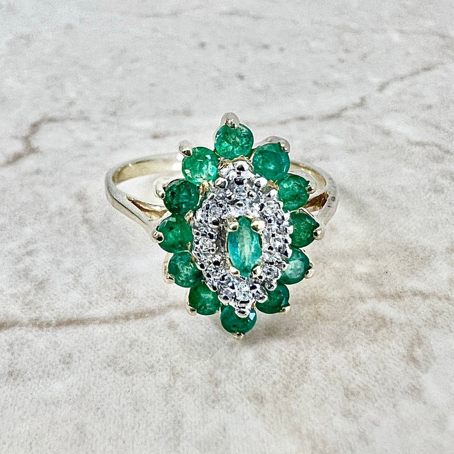 Vintage 10K Natural Emerald & Diamond Halo Ring - 2 Tone Gold Emerald Cocktail Ring - April May Birthstone - Birthday Gift For Her