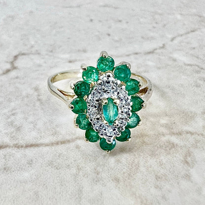 Vintage 10 Karat Gold Natural Emerald & Diamond Halo Ring - WeilJewelry