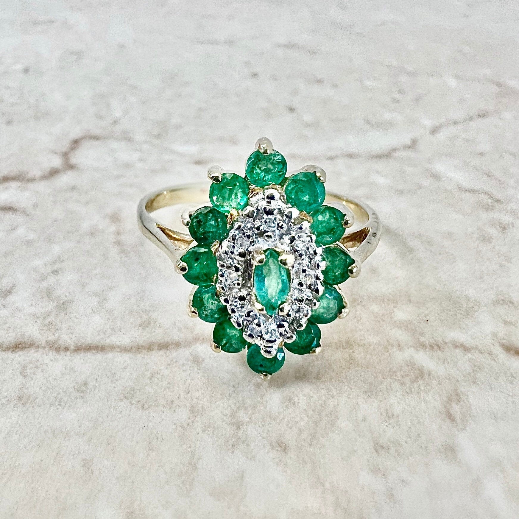 Vintage 10K Natural Emerald & Diamond Halo Ring - 2 Tone Gold Emerald Cocktail Ring - April May Birthstone - Birthday Gift For Her