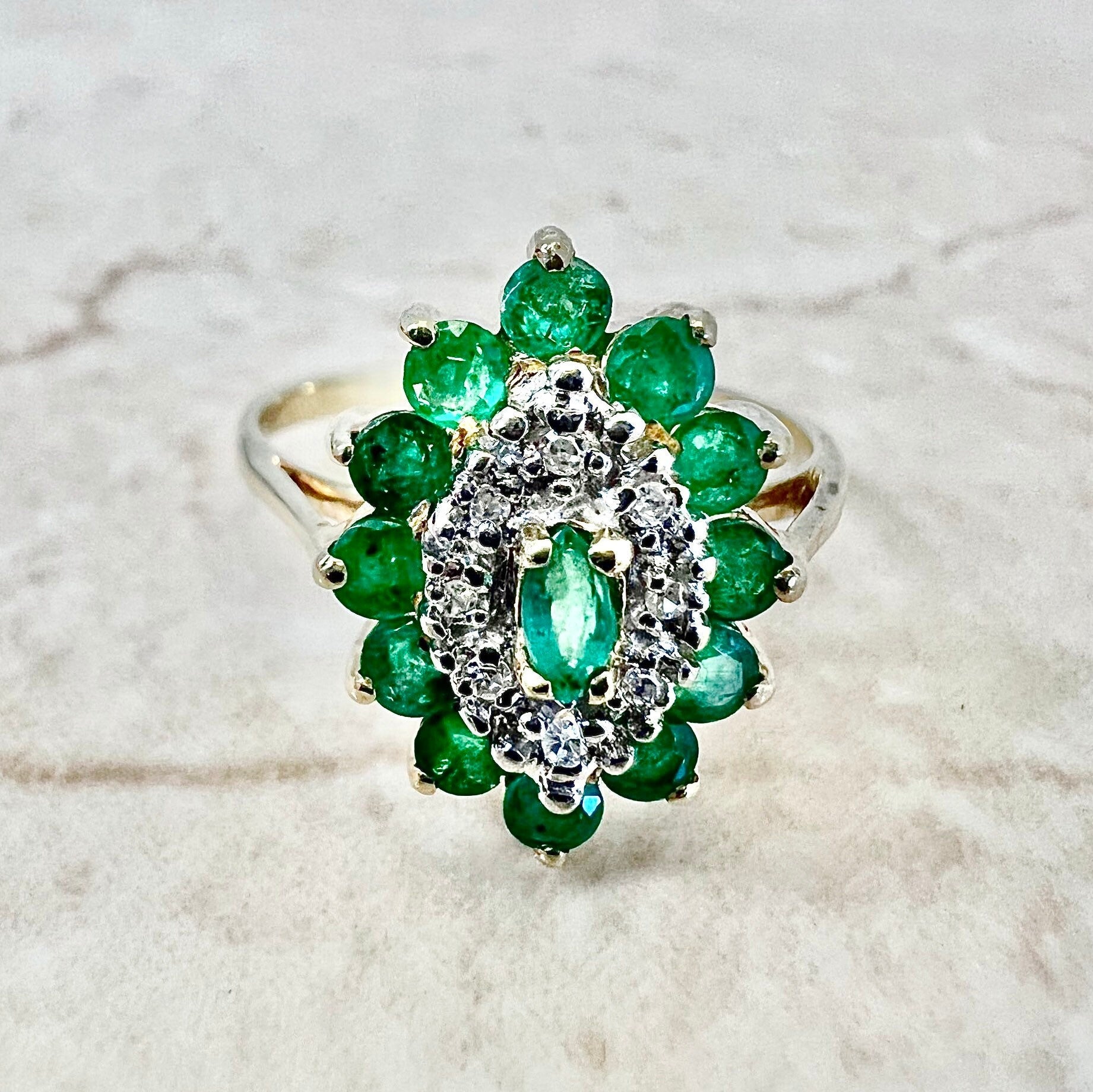 Vintage 10 Karat Gold Natural Emerald & Diamond Halo Ring - WeilJewelry