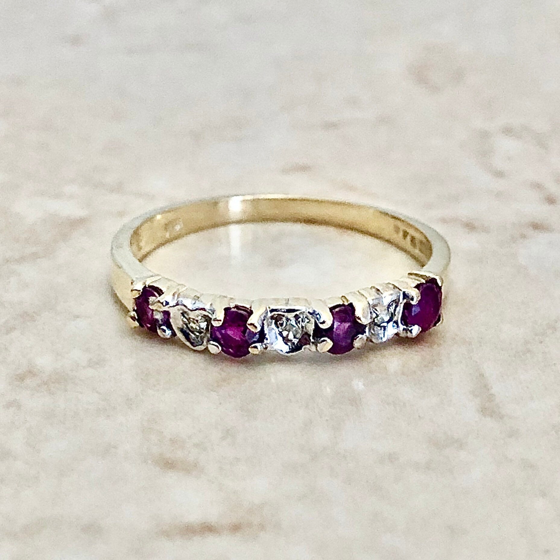 Vintage 10 Karat Gold Natural Ruby & Diamond Band Ring - WeilJewelry