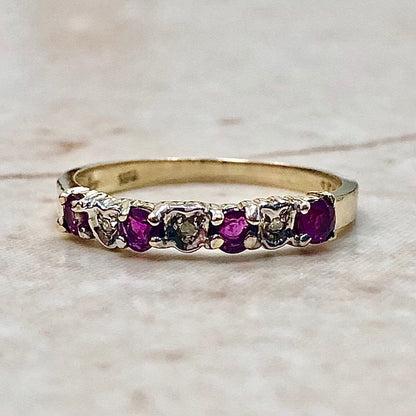 Vintage 10 Karat Gold Natural Ruby & Diamond Band Ring - WeilJewelry