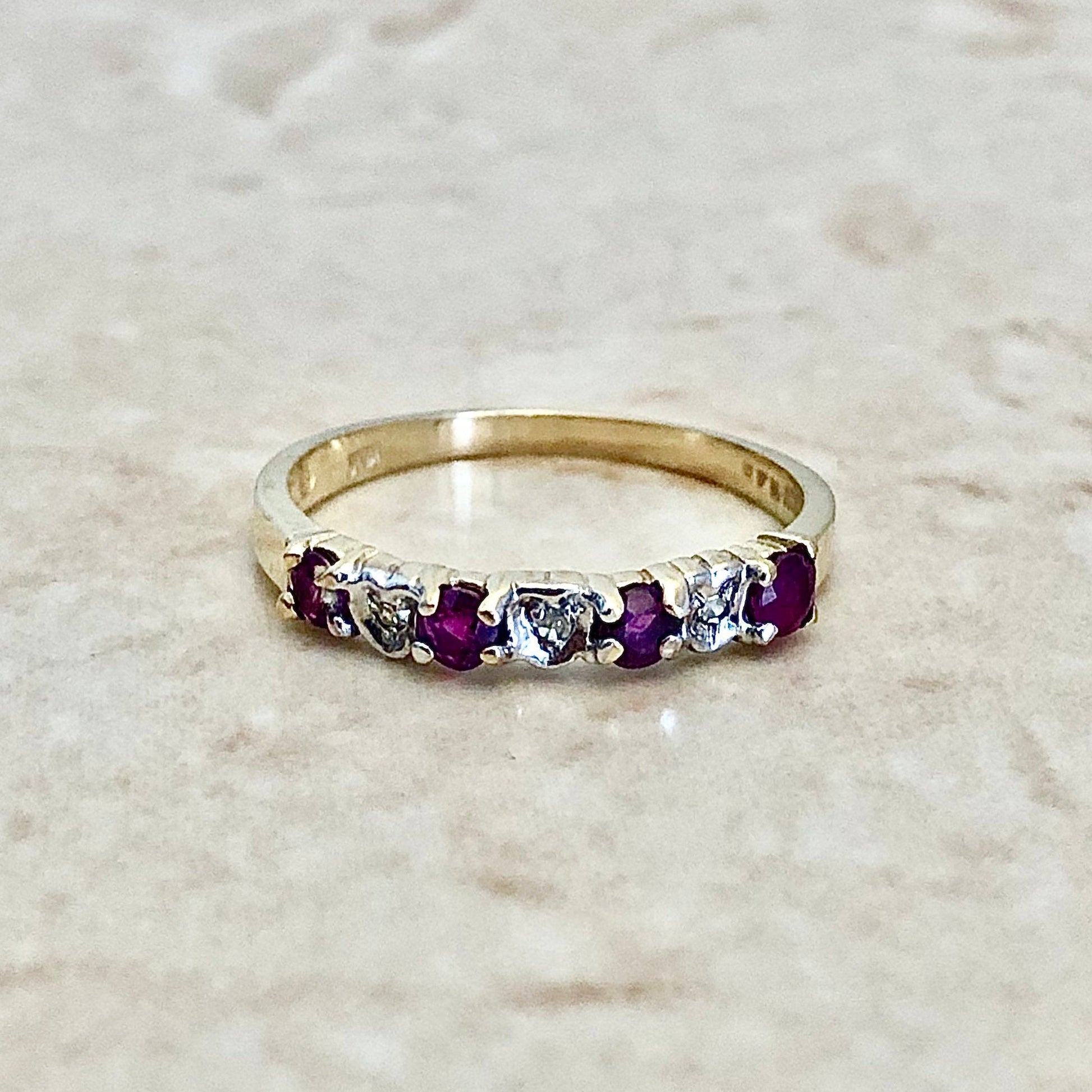 Vintage 10 Karat Gold Natural Ruby & Diamond Band Ring - WeilJewelry