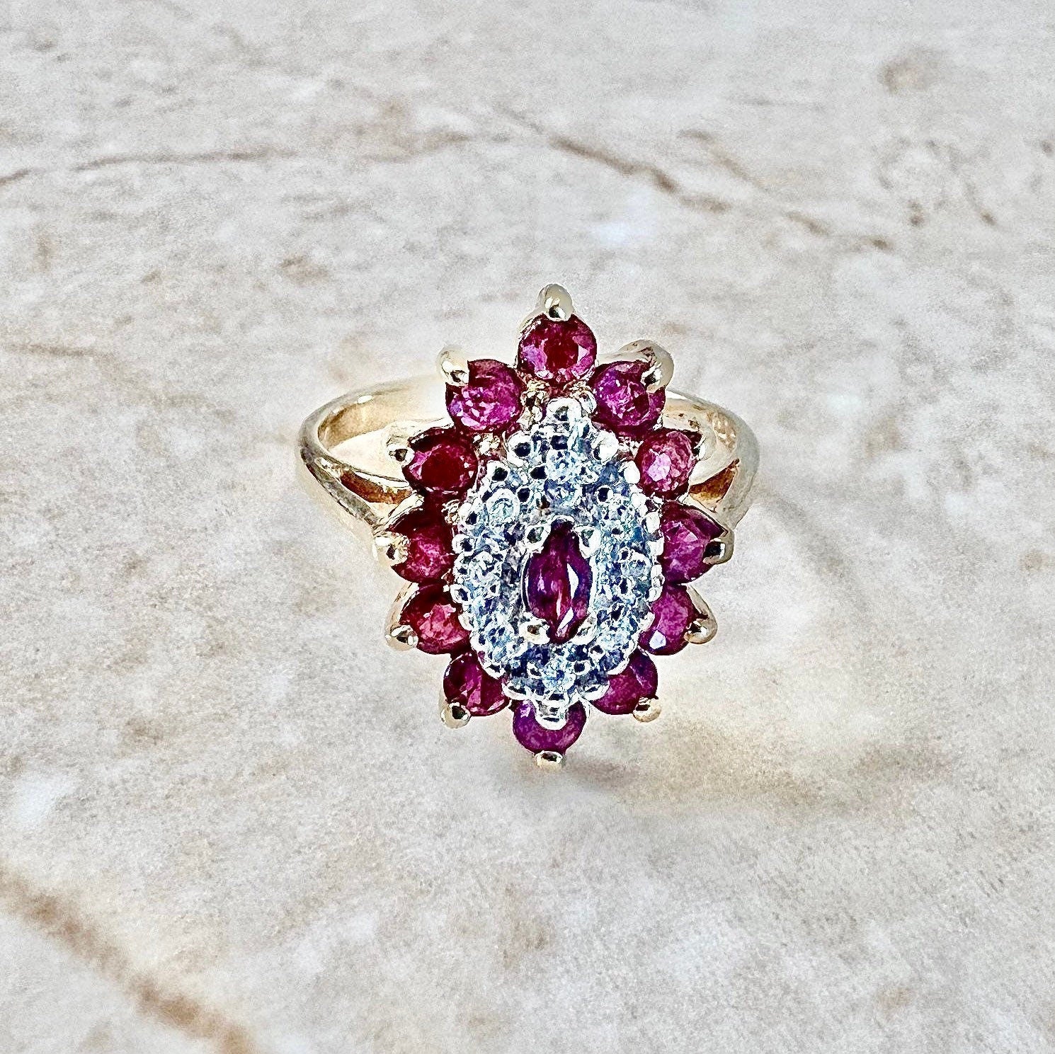 Vintage 10 Karat Gold Natural Ruby & Diamond Halo Ring - WeilJewelry