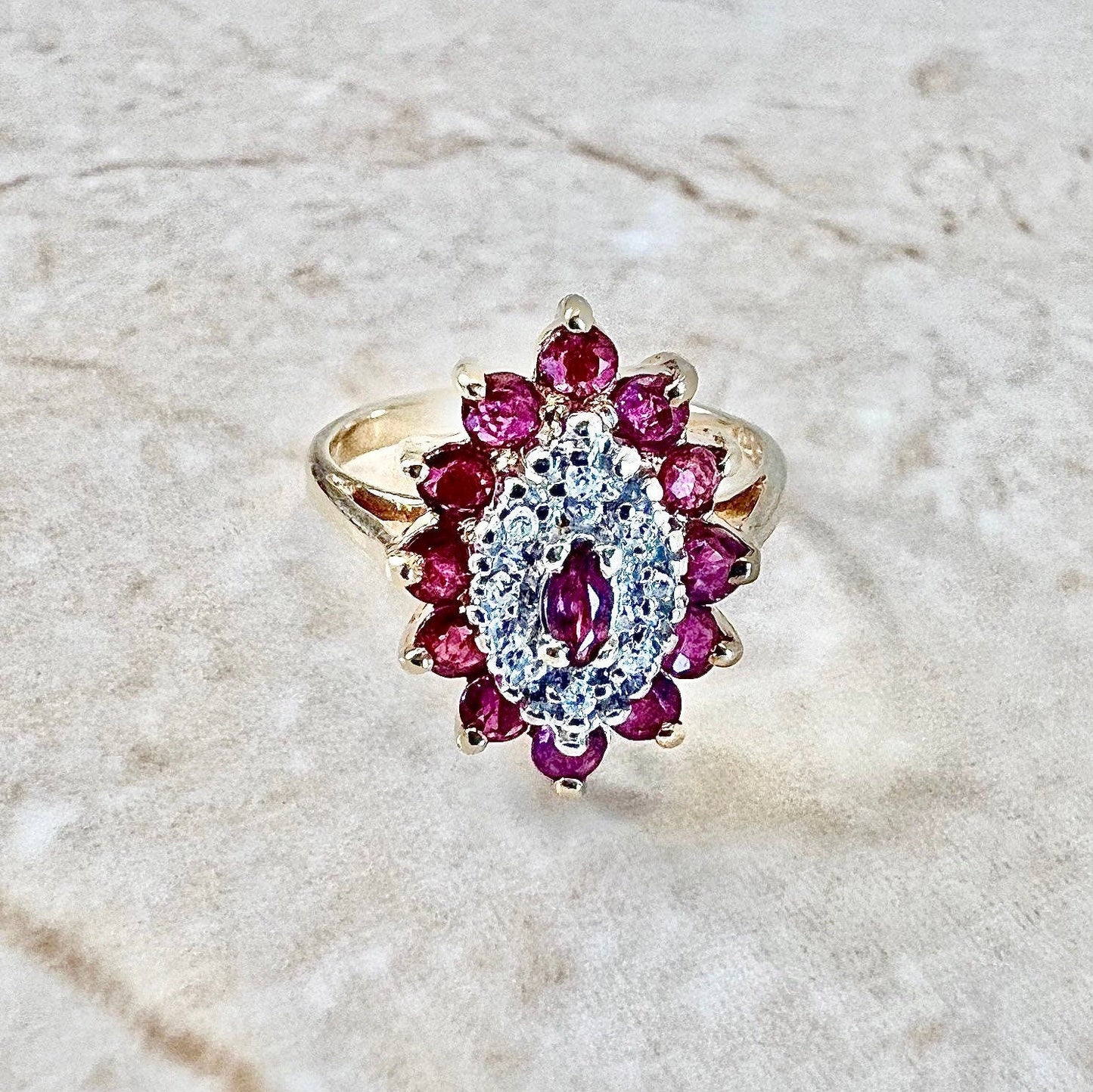Vintage 10K Natural Ruby & Diamond Halo Ring - 2 Tone Gold Ruby Cocktail Ring - April July Birthstone - Birthday Gift For Her