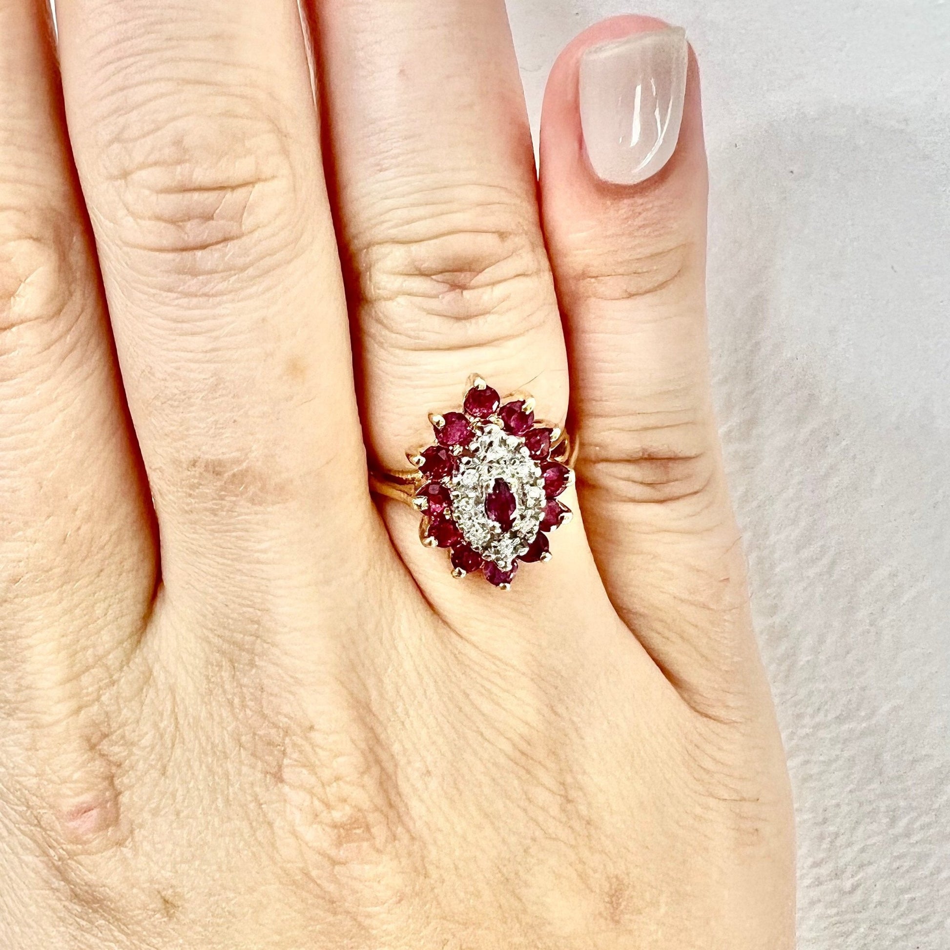 Vintage 10K Natural Ruby & Diamond Halo Ring - 2 Tone Gold Ruby Cocktail Ring - April July Birthstone - Birthday Gift For Her
